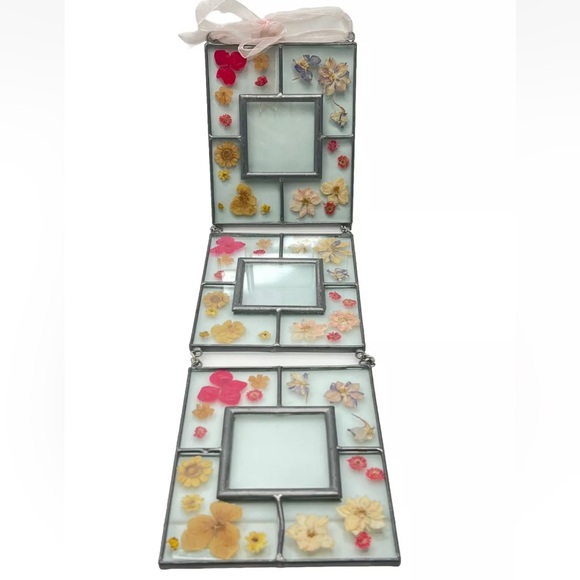 VTG Pressed Dried Flower Glassleaded Hanging Triple Frame Bohemian Chic 20” Long - Picture 1 of 7